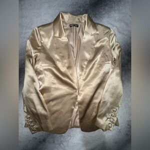 (B1) SHEIN Champagne Gold Satin Blazer Elegant Shimmer Long Sleeve Suit L 8 10